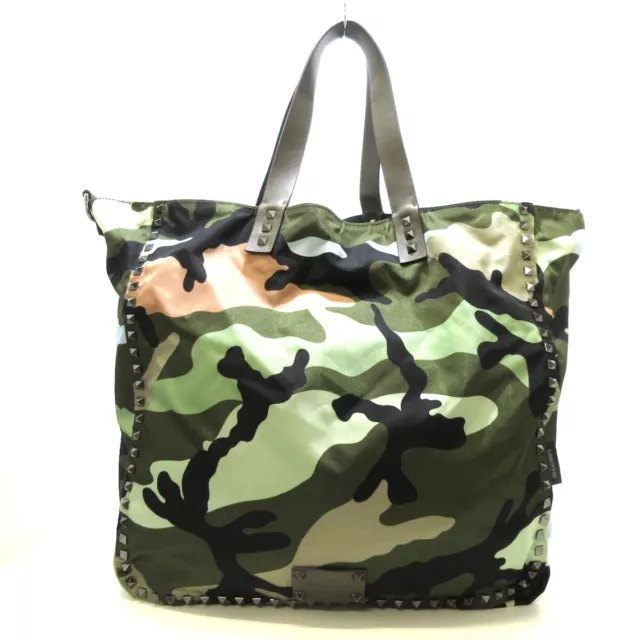 Auth VALENTINOGARAVANI Rockstud - Khaki Light Green Multi Nylon Leather Tote Bag