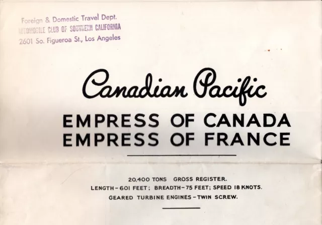 1940s Canadian Pacific EMPRESS OF CANADA & FRANCE Deck Plan w/ Interior Photos