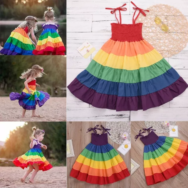 Kids Baby Girls Princess Rainbow Dress Toddler Long Sleeve Party Dresses Tops US