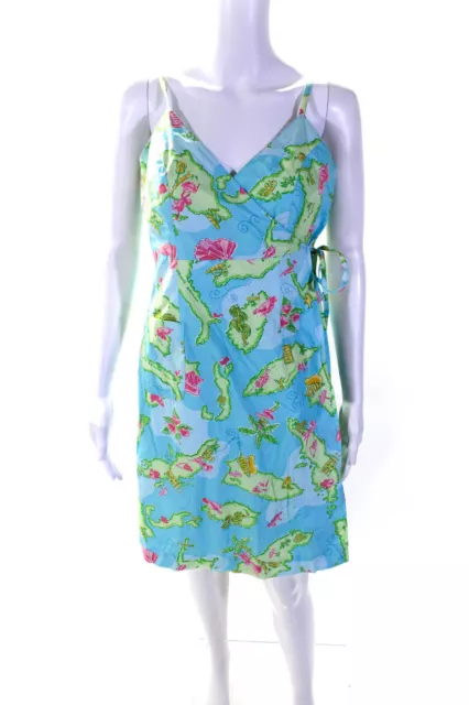 Lilly Pulitzer Womens V Neck Travel Print Wrap Dress Blue Green Cotton Size 4