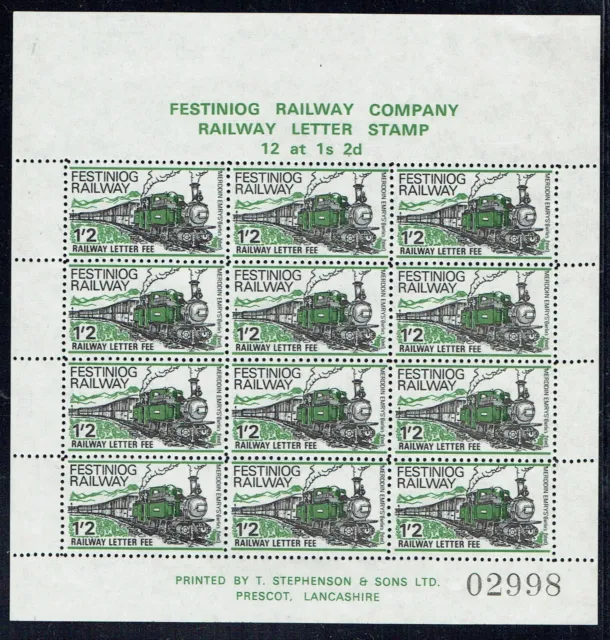 Festiniog Railway 1969 1/2 Complete sheet railway letter stamps. UM