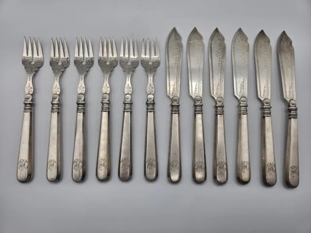 RARE WMF German Art Nouveau Jugendstil Silver I/O Fish cutlery 12pcs Set Floral