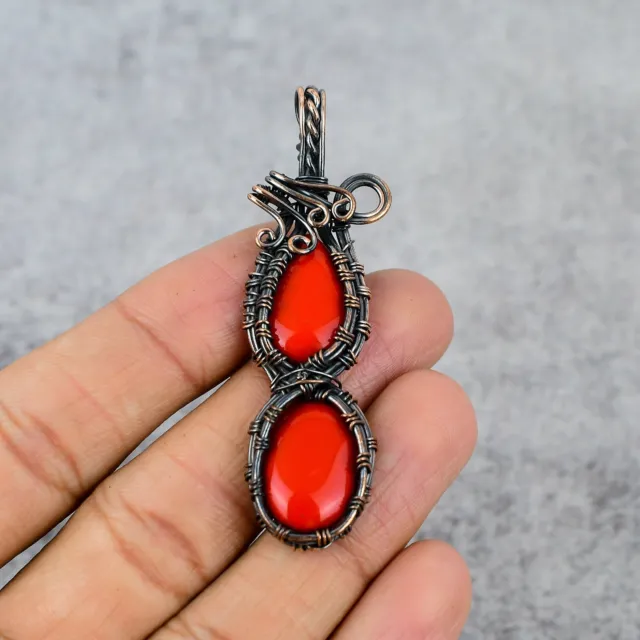 Red Coral Gemstone Pure Copper Wire Wrap Handmade Pendant For New Year Gift 2