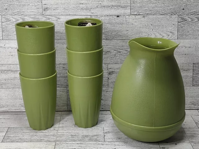 Atomic mid Century Pitcher And 6 Tumblers Avocado Green 3