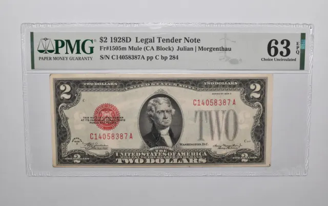 PMG 63EPQ $2 1928-D US Legal Tender Note FR#1505m Mule (CA Block) Red Seal *4738