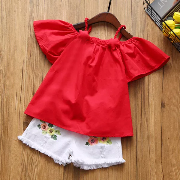 Completo Bimba bambina Maglia t shirt rosso pantaloni corti denim jeans B065