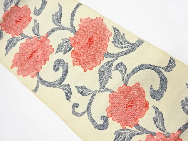 6506919: Japanese Kimono / Antique Nagoya Obi / Tsumugi / Woven Peony Arabesque