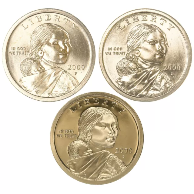 2000 P D S Native American Sacagawea Dollar Year Set Proof & BU US 3 Coin Lot