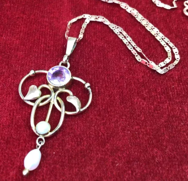 Vintage Edwardian Jewellery Delightful Amethyst & Pearl Drop Pendant & Chain