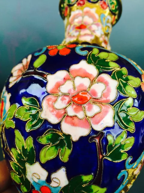 Vintage Japanese Chinese Brass Enamel Cloisonné Multicolor Vase Urn 8" 2