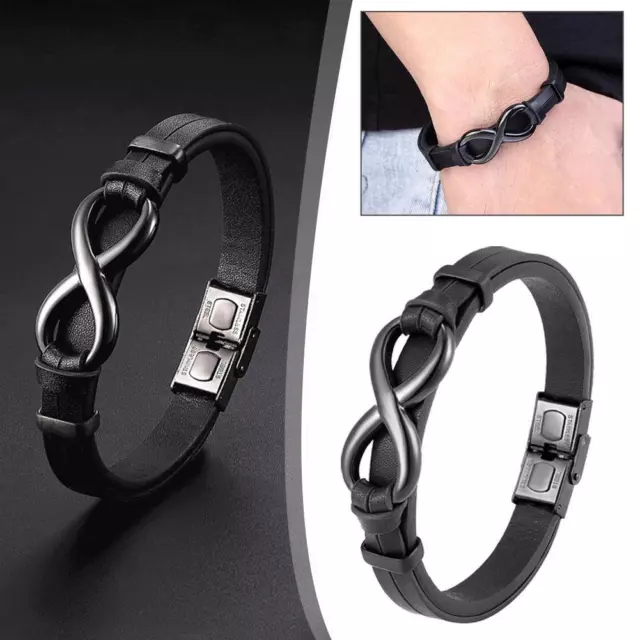 Leather Infinity Bracelet For Men Him Stainless Steel Black Knot Symbols Logo