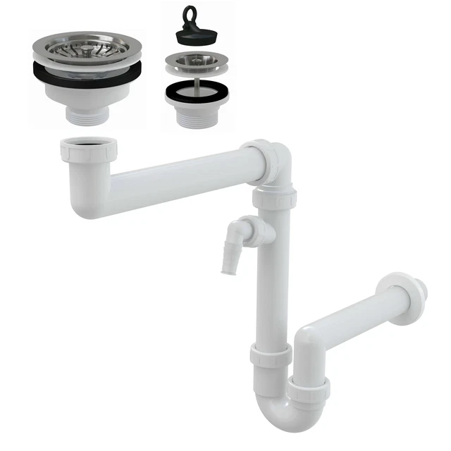 Kit Scarico Lavello Cucina Con 2 Vasche, Sifone Tubolare Salvaspazio Con Piletta 3 1 2 E Troppopieno By Primagran 86844300 - 9
