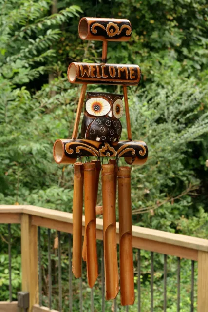 Handmade Wooden Welcome Sign Owl Bamboo Wind Chime Wood Bird Hoot Patio Garden 3