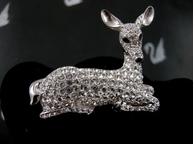 Épingle Cerf En Cristal Swarovski Plaqué Rhodium Signée ~ Broche Neuve Retirée