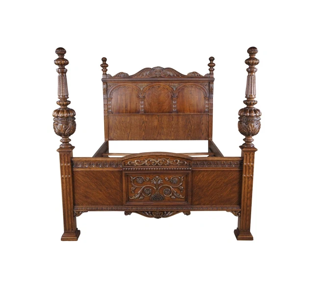 Antique American Furniture Elizabethan Jacobean Revival Oak Full Size Poster Bed