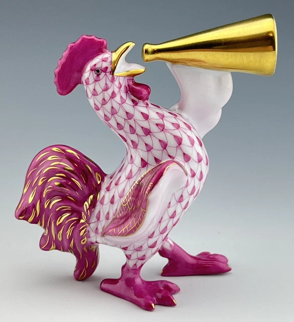 🦋 BRAND NEW HEREND Crowing ROOSTER Raspberry Fishnet Bird Figurine