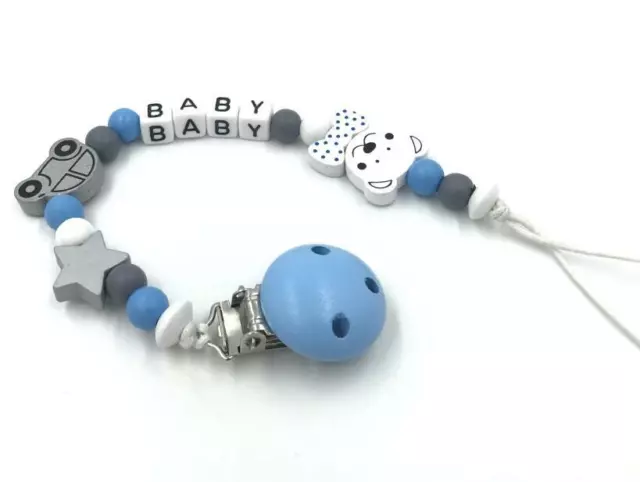 Personalisierte Dummy Clip Holz Perle blau Baby Schnuller Clip Halter Fütterung
