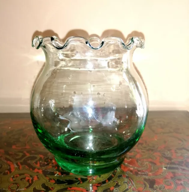 Large Green Recycled Glass Crimped Rim Bowl / Candle Holder - Made In Spain