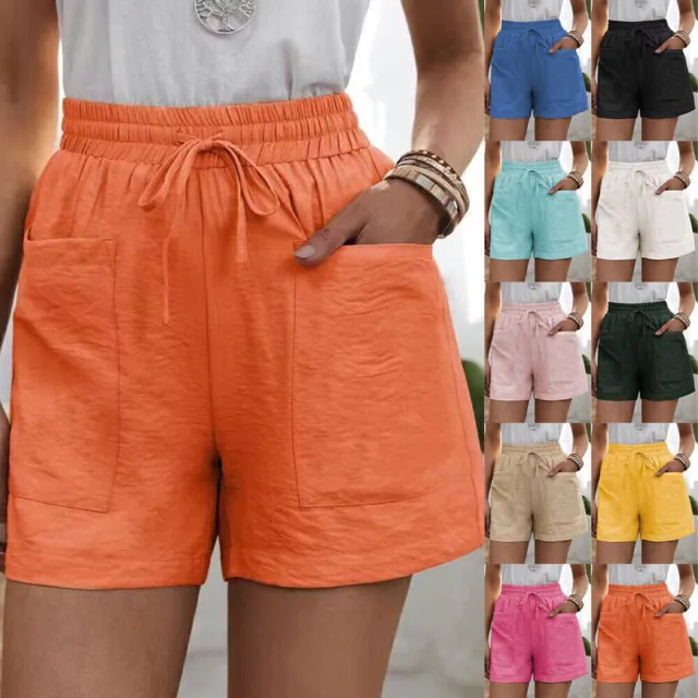 Plus Size Womens Ladies Linen Elastic Waist Shorts Summer Beach Sport Hot Pants