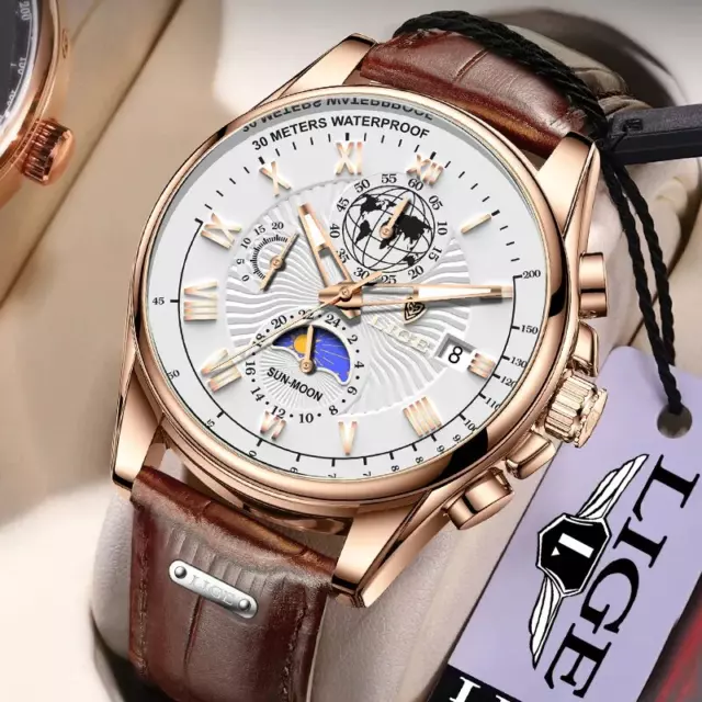 Mens Watches Brand Luxury Leather Waterproof Sport Quartz Chronograph Watch