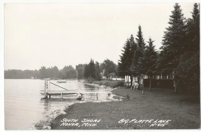 Honor Michigan MI ~ Big Platte Lake South Shore RPPC Real Photo 1940's