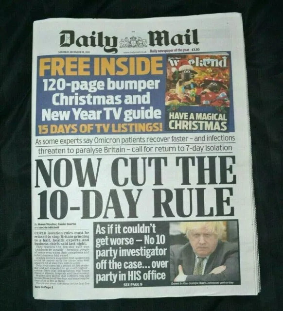 Daily Mail UK Newspaper 18/12/21 December 18th 2021 10-Day Isolation Rule Review