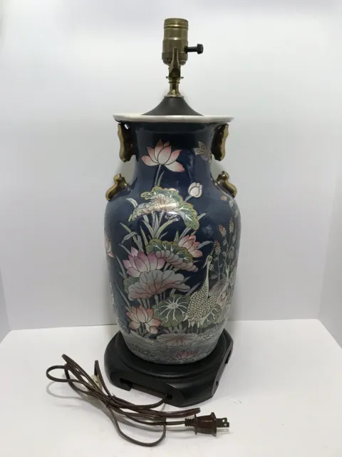 Antique Chinese Porcelain Vase Urn Lamp Famille Noir Blue Birds Flowers Leaves