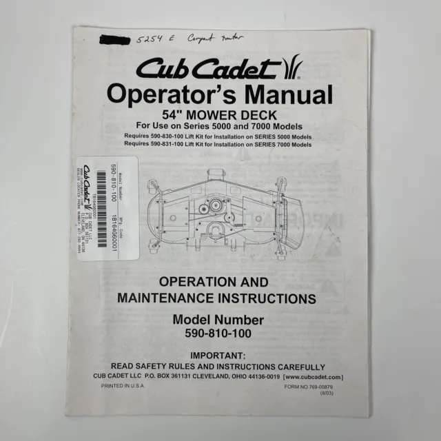 Cub Cadet 54" Mower Deck 5000 7000 series models Operation n Maintenance Manual