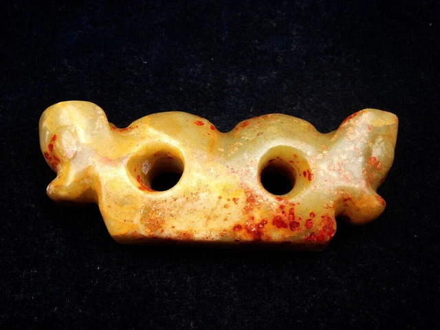Old Nephrite Jade Stone Carved HongShan Culture Double Monster Head #12292313