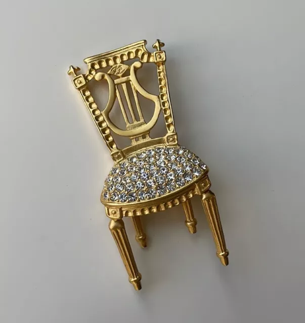 Karl Lagerfeld Pin Brooch Brushed Gold Rhinestone French Chair Lyre Signed