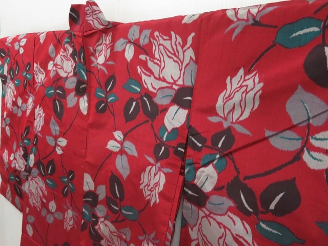 2805T07z490 Vintage Japanese Kimono Silk HAORI Rose Dull red 2