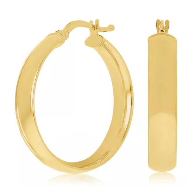 Italian 14k Yellow Gold Hollow Rounded Flat Tube Hoop Earrings 1" 5mm 2.1 grams