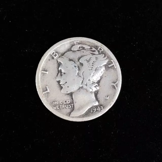 1943 Silver One Dime Mercury USA Coin - Nice Detail - 1.75cm Diameter