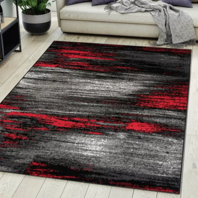 Teppich Wohnzimmer Modern Design Grau Rot Kurzflor S - XXL und Mehr NEU