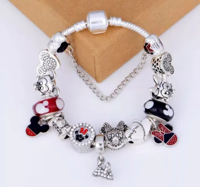 Silver Mickey Minnie Mouse Castle Love Heart Charm Bracelet