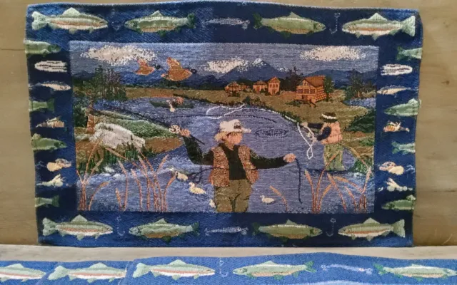 Juego de 4 manteles de tapiz de pesca para pescadores azul río exterior 18,5x12