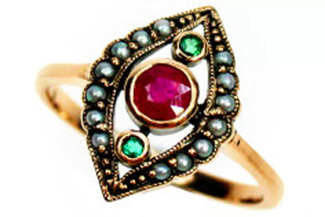 9ct Solid Gold Ruby, Emerald & Pearl Women's Ring R347 Custom