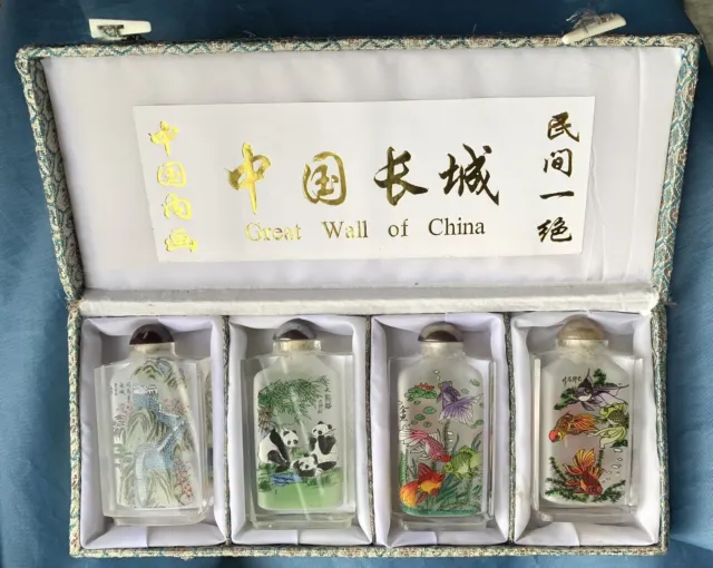 4 vintage Chinese reverse HAND PAINTED glass Perfume or Snuff stoppered BOTTLES