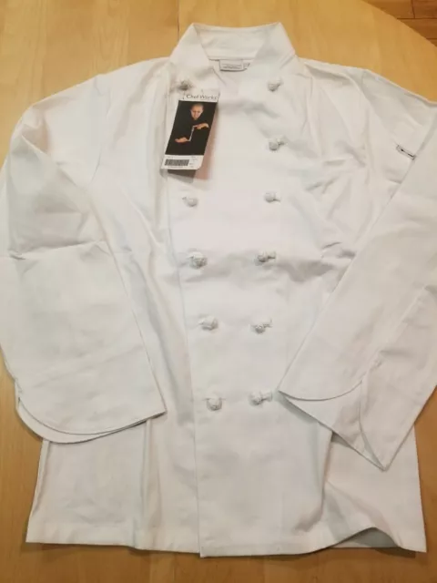 Chef Works Mens Uniform White Coat, Size 34 Medium, New with Tags, Ships Free