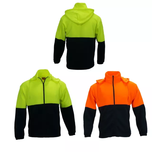 High-Vis Full Zip Fleece Jacket Removable Hood Work wear Safety Warm Work Wear