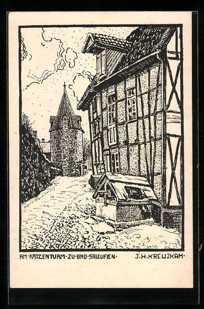 Künstler-AK Bad Salzuflen, Straßenpartie am Katzenturm