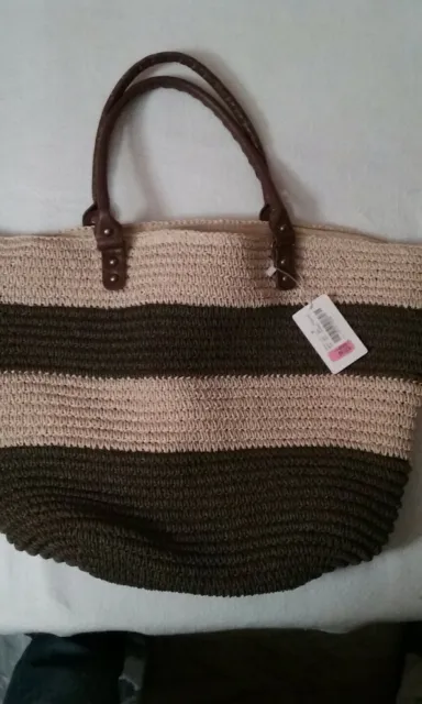 Straw Studios NWT Large Tote Straw with Leather Straps Brown and Tan Stripes