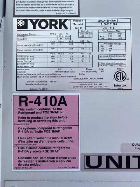 York Dedicated Outdoor Air Unit 40 Ton 8,000CFM 460V 3PH MFD 2019 Used