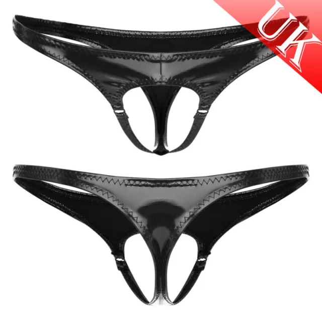 UK Mens Sexy Hollow Out Thong Patent Leather G-String Low Rise T-back Underwear