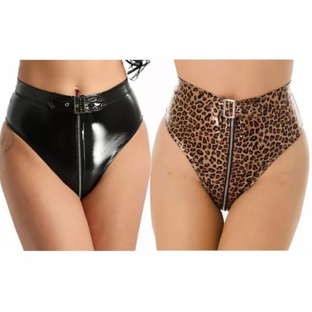 Damen Wetlook Shorts Hotpants Reißverschluss Glänzend Leder Bikinislip Clubwear