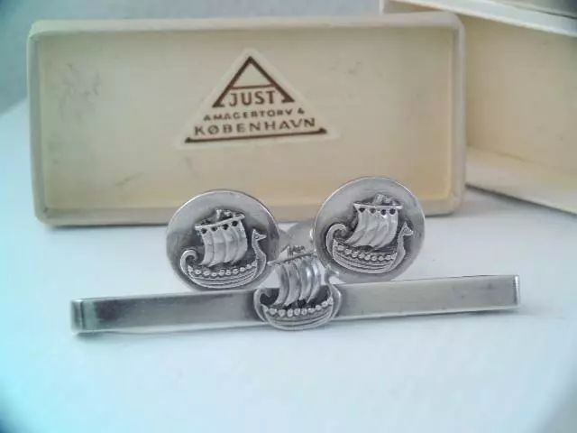 Old Denmark A. Andersen Sterling Cufflinks And Tie Clip Viking Ship In Box