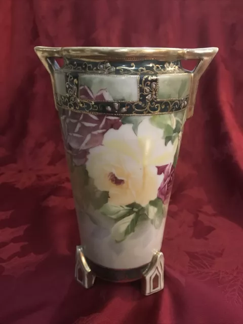 Antique Nippon 3 Footed Two Handled Hand Painted Beaded Gold Trim Vase