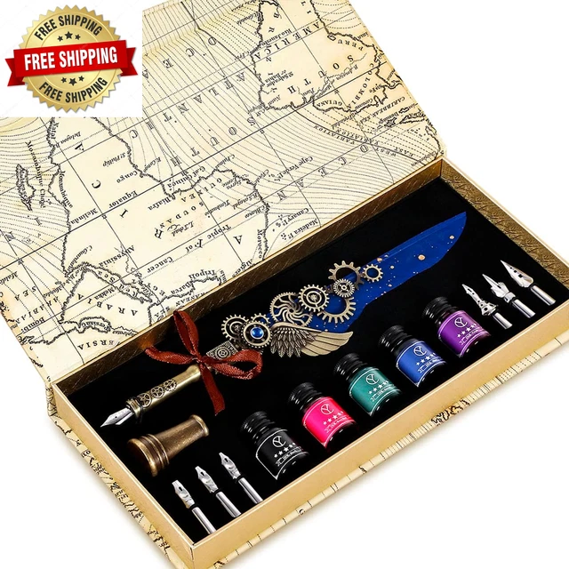 Kalligraphie Set Schreibfeder Kaligraphiestifte Vintage Blau Federstift Tinte DE