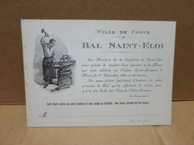COSNE SUR LOIRE (Nièvre) invitation cardboard Bal de Saint Eloi 1926 blacksmith