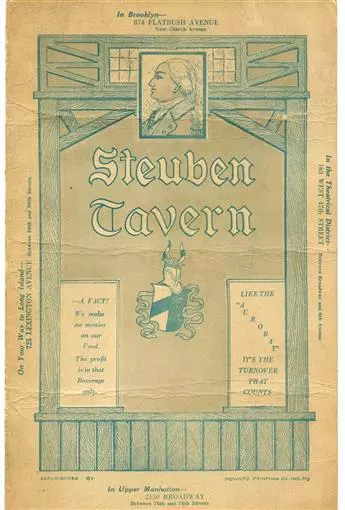 Steuben Tavern Menu New York Brooklyn 1930's Knickerbocker or Ruppiner 10 Cents